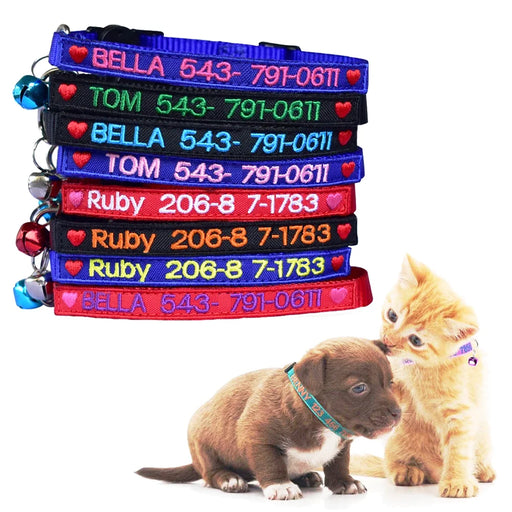 Personalized Cat Collar Kitten Puppy Embroidered Name ID Tag Adjustable And Bell