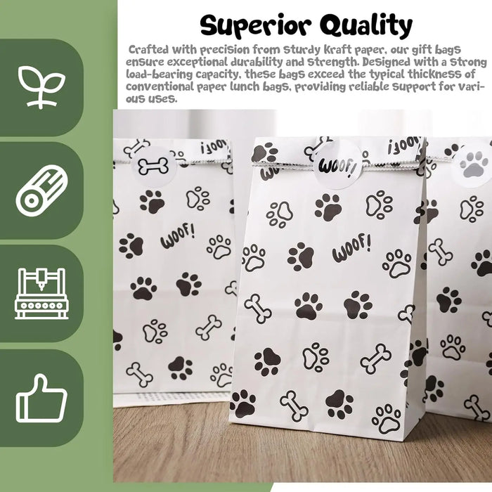 Gift Bags with Pet Paw Prints – 12 pcs , 22x12x8cm, High-Quality Black & White Design for Dog Lover