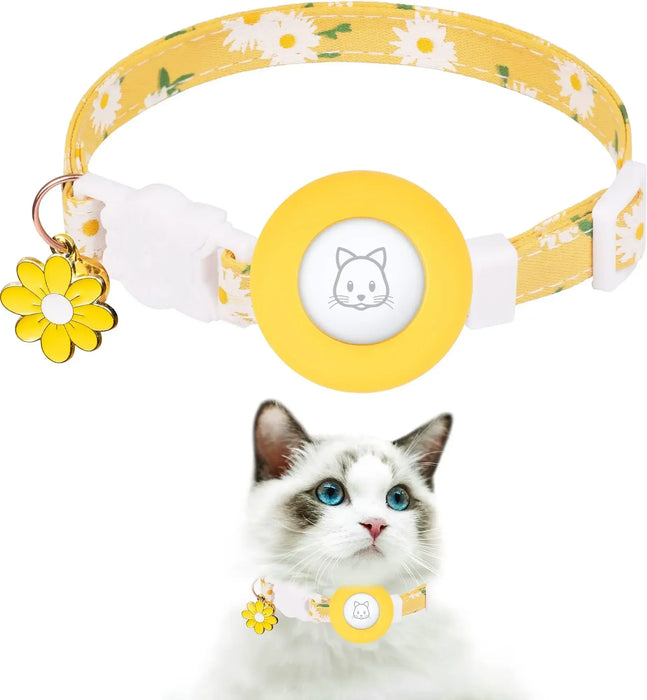 AirTag Cat Collar with Watertight  Airtag Holder and Safety Buckle, with Flower Charm & Bell for Girl Boy Cats Kitten Gatos Pet