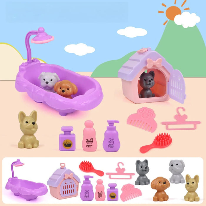 Cute Dog Pet Basket Family Toys Dog Doll Set Dog Cage Toys Scene Playing Toys Christmas Decoration Kids Pretend Play Gifts