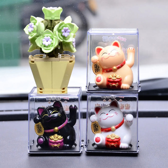 Mini Wealth Waving Hand Cat Chinese Lucky Cat Cartoon Ornament Cute Waving Arm Beckoning Fortune Cat for Car Home Office Decor