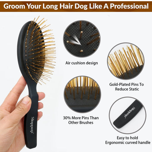 Pet Grooming Detangler Pin Dog Brush for Shedding & Removing Loose Fur, Lightweight ABS with Gold Plated Pins for Long Hair