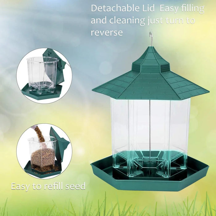 1pcs Wild Bird Feeder Hanging Hexagonal Roof Pavilion Semi-Automatic Bird Feeder Garden Courtyard Exterior Decoration