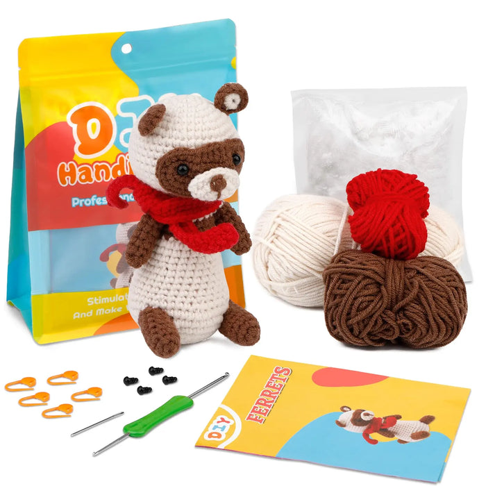 Fenrry Crochet Kit Animal Fox Ferret DIY with Yarn Balls Crochet Hooks Knitting Stitch Markers Needles Instruction Accessories
